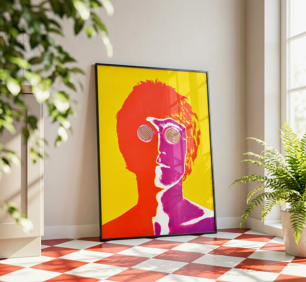 Richard Avedon’s colorful 1967 John Lennon portrait displayed as large statement art in a sunlit contemporary interior.