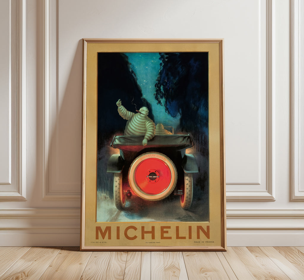 Vintage Michelin advertising poster featuring Bibendum smoking a cigar while driving an early automobile at night.