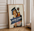 Vintage Nastro Azzurro beer advertising poster attributed to Armando Testa displayed in a natural wood frame.