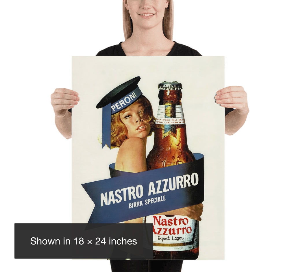 Person holding an 18 × 24 inch Nastro Azzurro vintage advertising poster to demonstrate print scale.