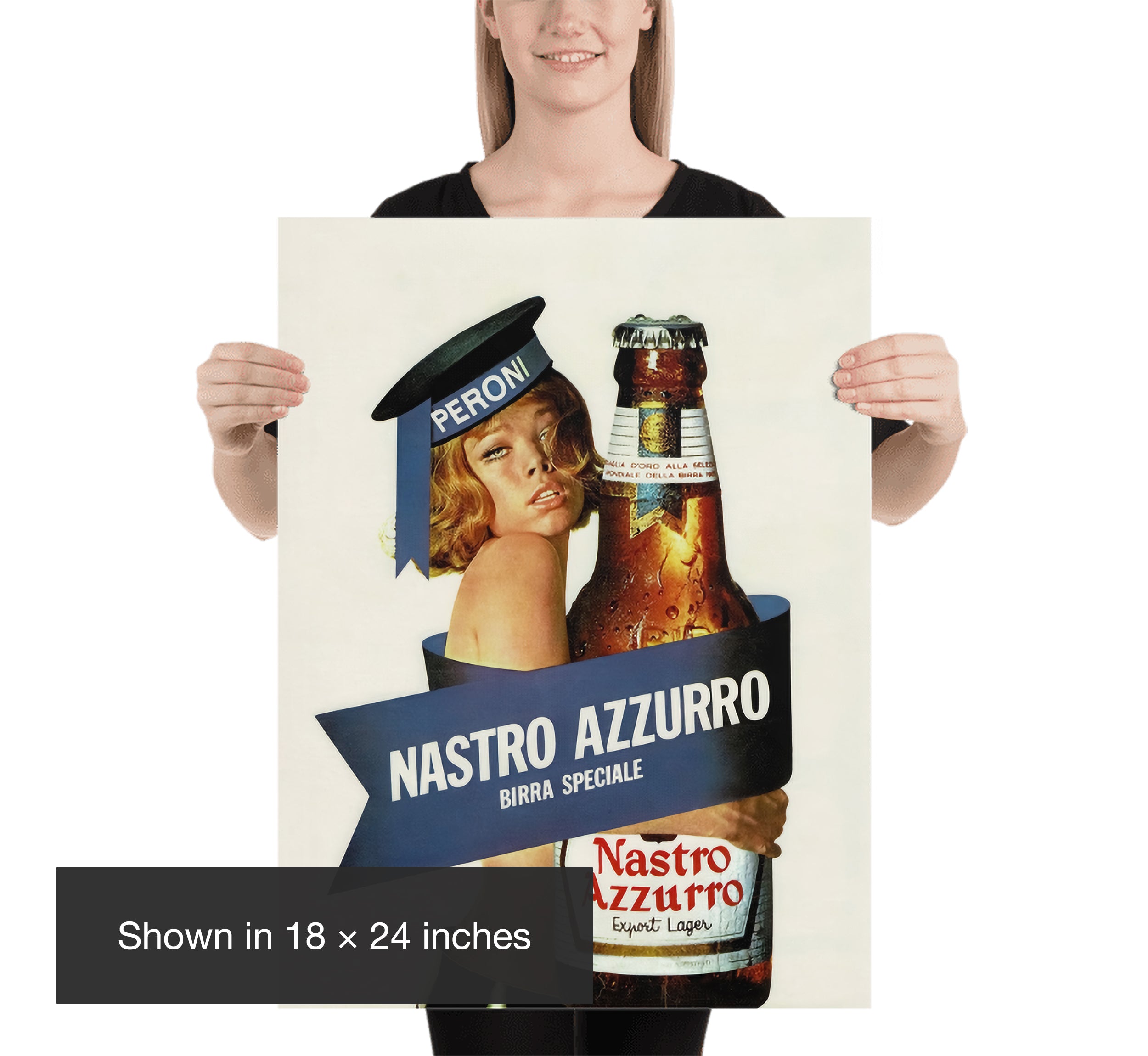 Person holding an 18 × 24 inch Nastro Azzurro vintage advertising poster to demonstrate print scale.