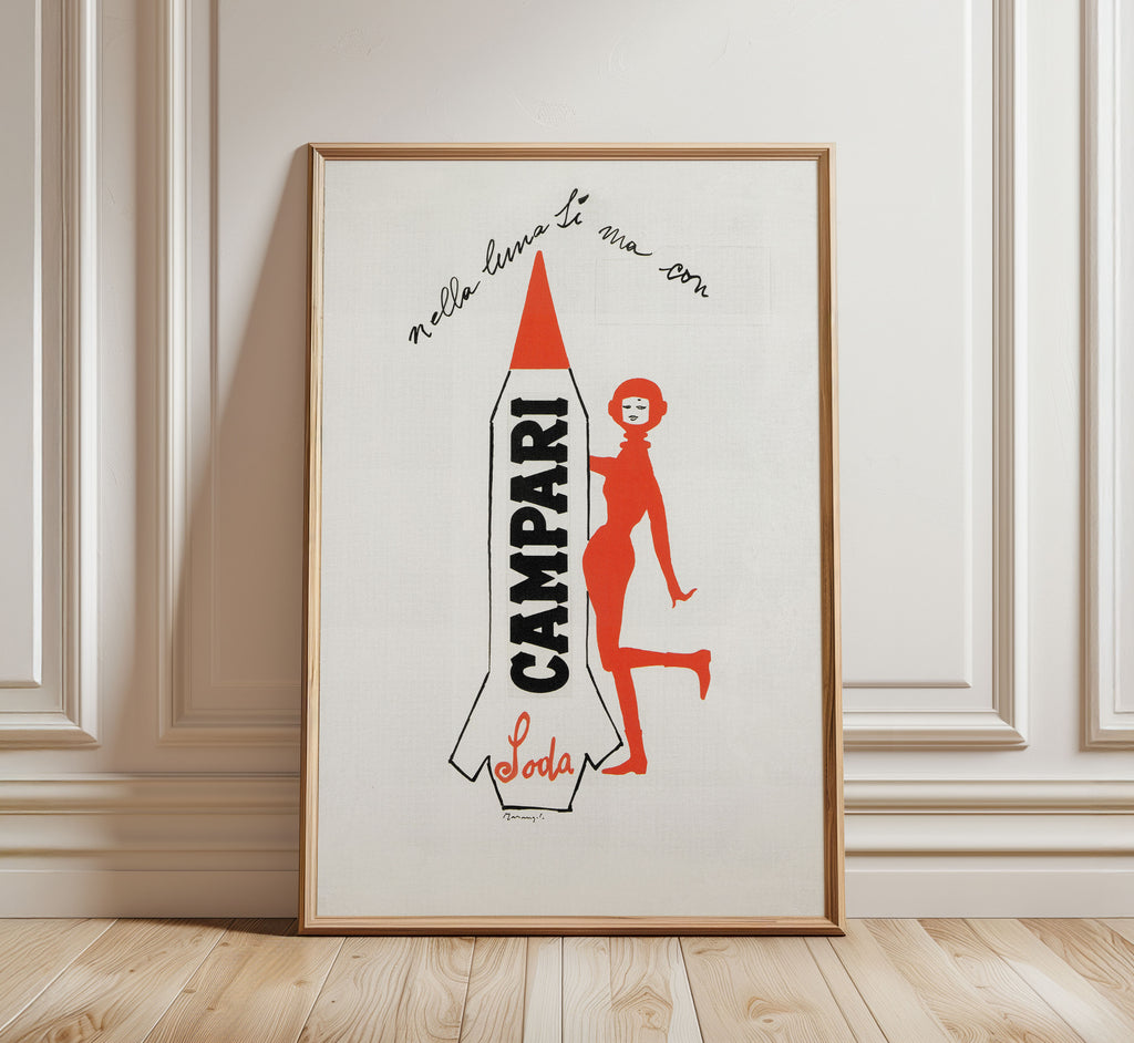 Nella Luna Sì, Ma Con Campari Soda poster by Franz Marangolo, 1960s Italian advertising art.