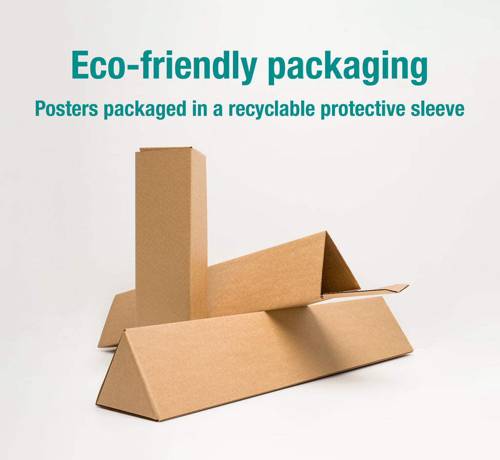 Eco-friendly protective packaging used for rolled museum-quality posters in recyclable shipping materials.