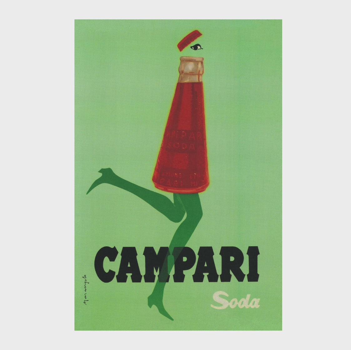 Screen recording showcasing Franz Marangolo's 1960s Campari Soda poster on a white background before smoothly zooming to a 100% close-up, demonstrating the museum-quality restoration, archival print detail, and premium reproduction.