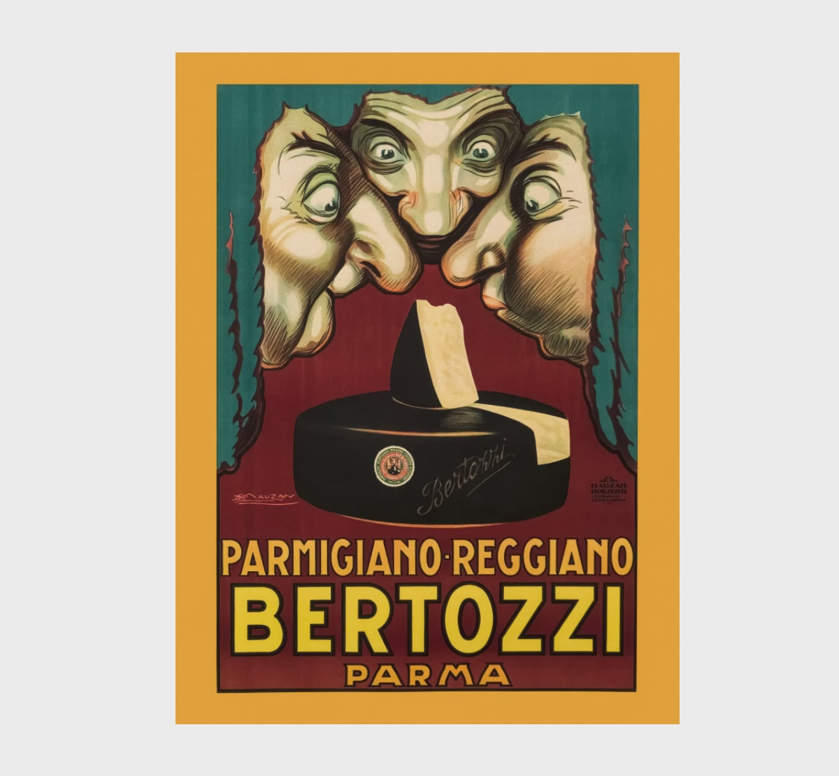 Video preview of the Bertozzi Parmigiano Reggiano vintage Italian poster, showing the full artwork followed by a 100 percent zoom to demonstrate restoration detail and print quality.