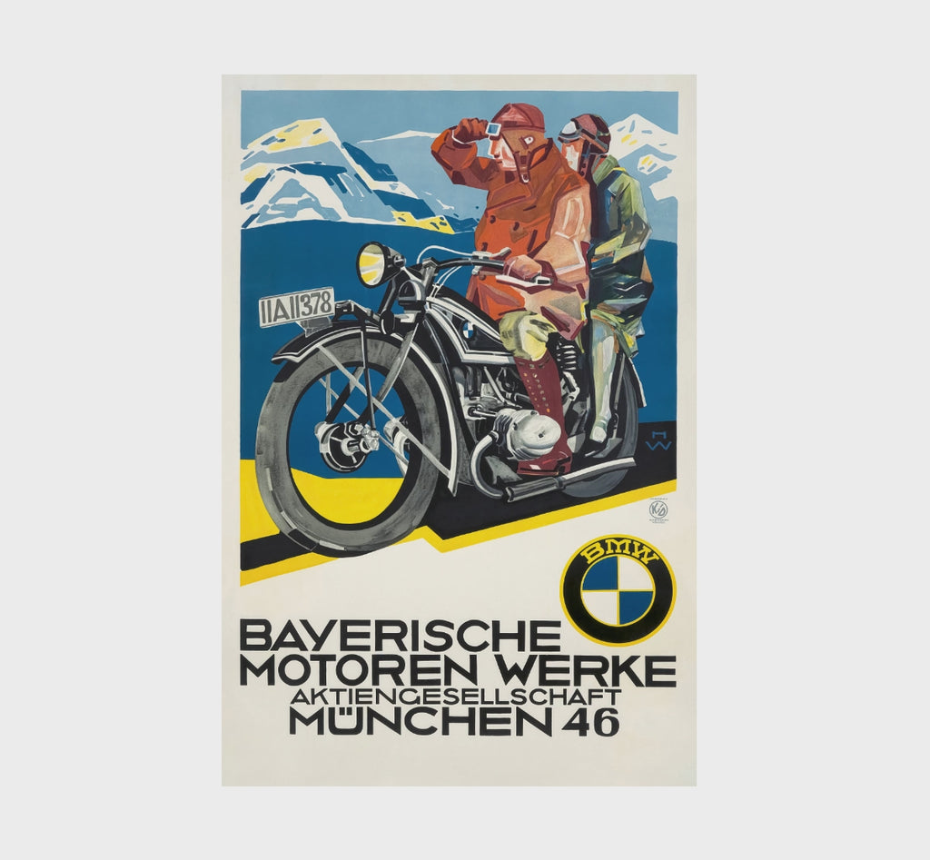 Vintage BMW motorcycle advertising poster from circa 1927 shown as statement wall art, featuring two alpine riders, an early BMW motorcycle and bold German graphic design.