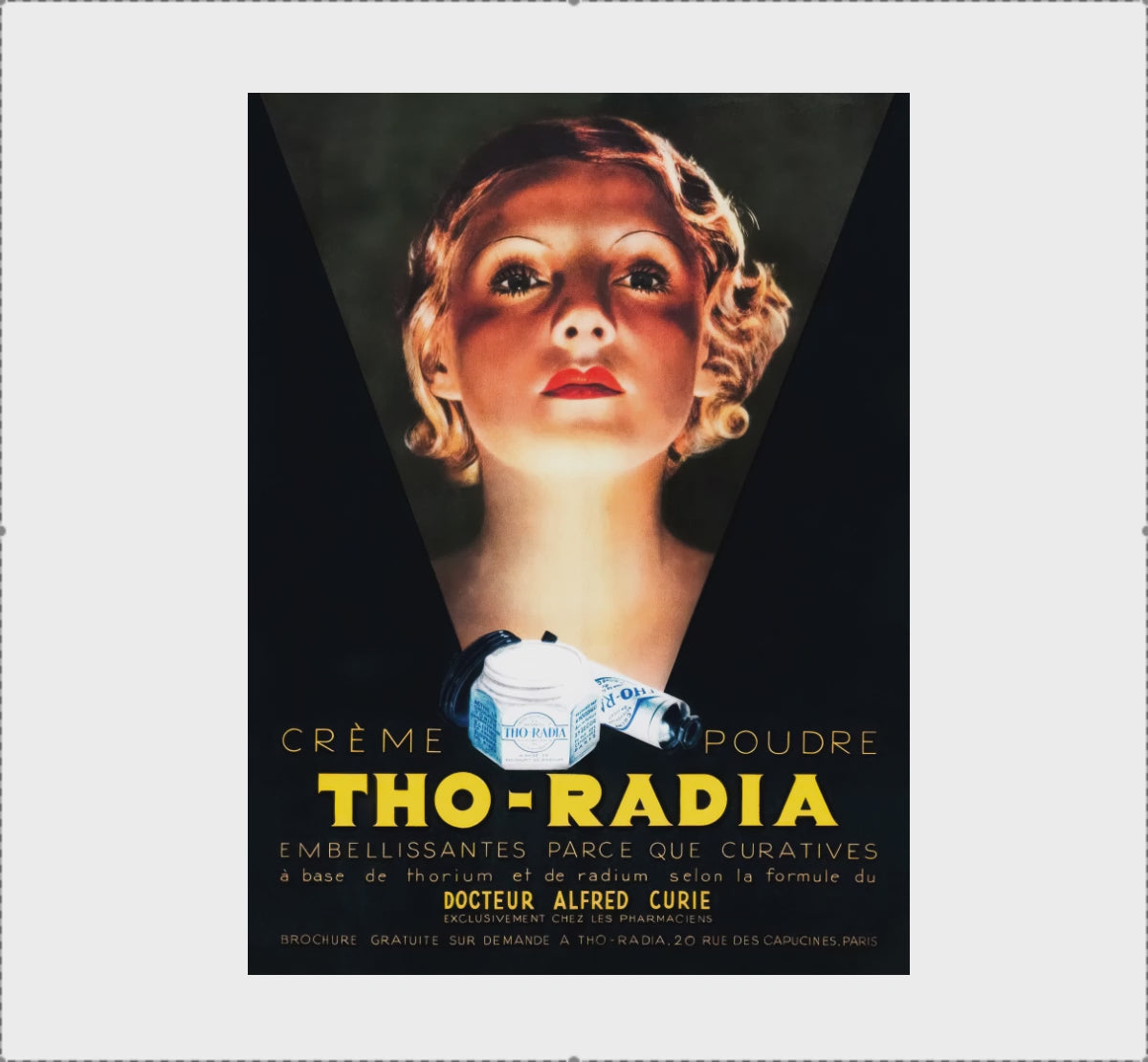 Tho-Radia poster video showcasing the dramatic 1930s French beauty advertisement and its Art Deco design in a curated interior setting.