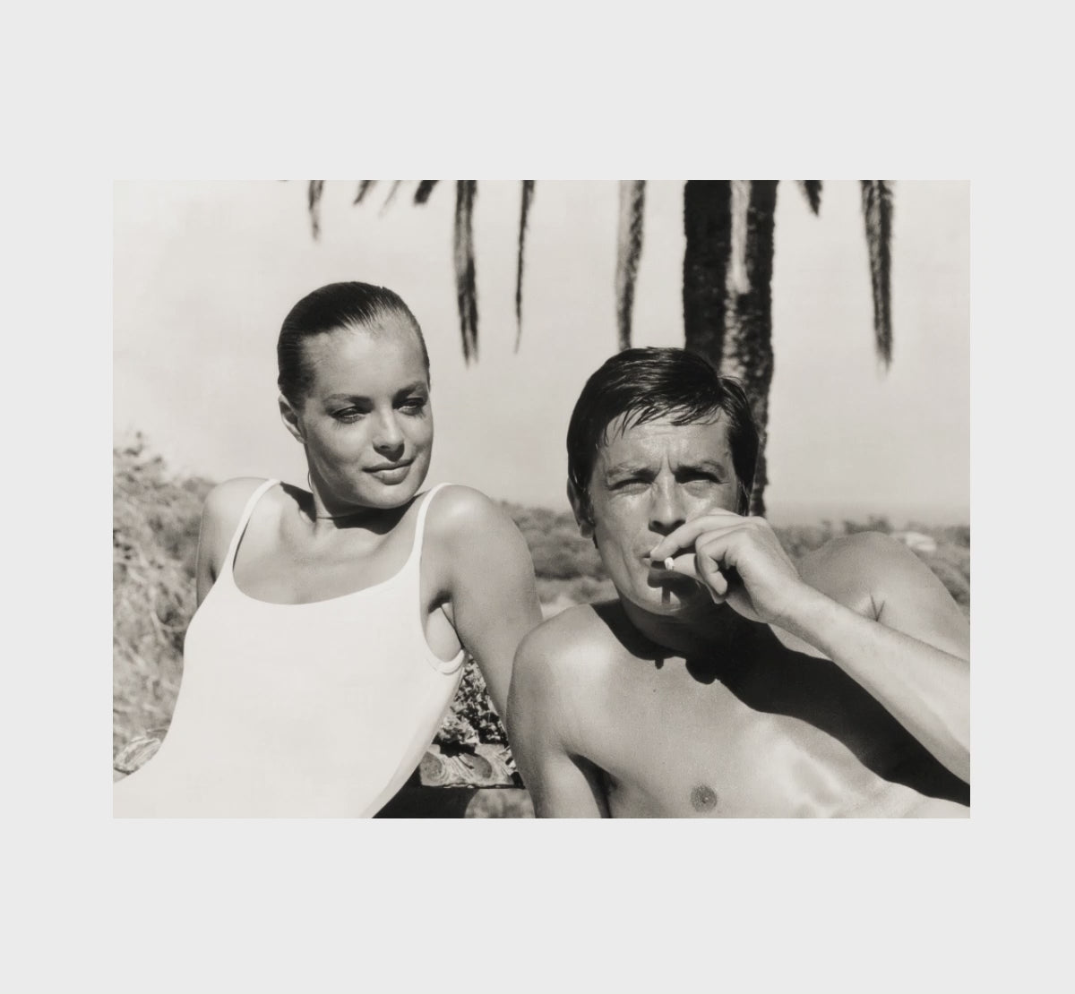 Video showing the Romy Schneider and Alain Delon Riviera photograph as statement black and white cinema wall art
