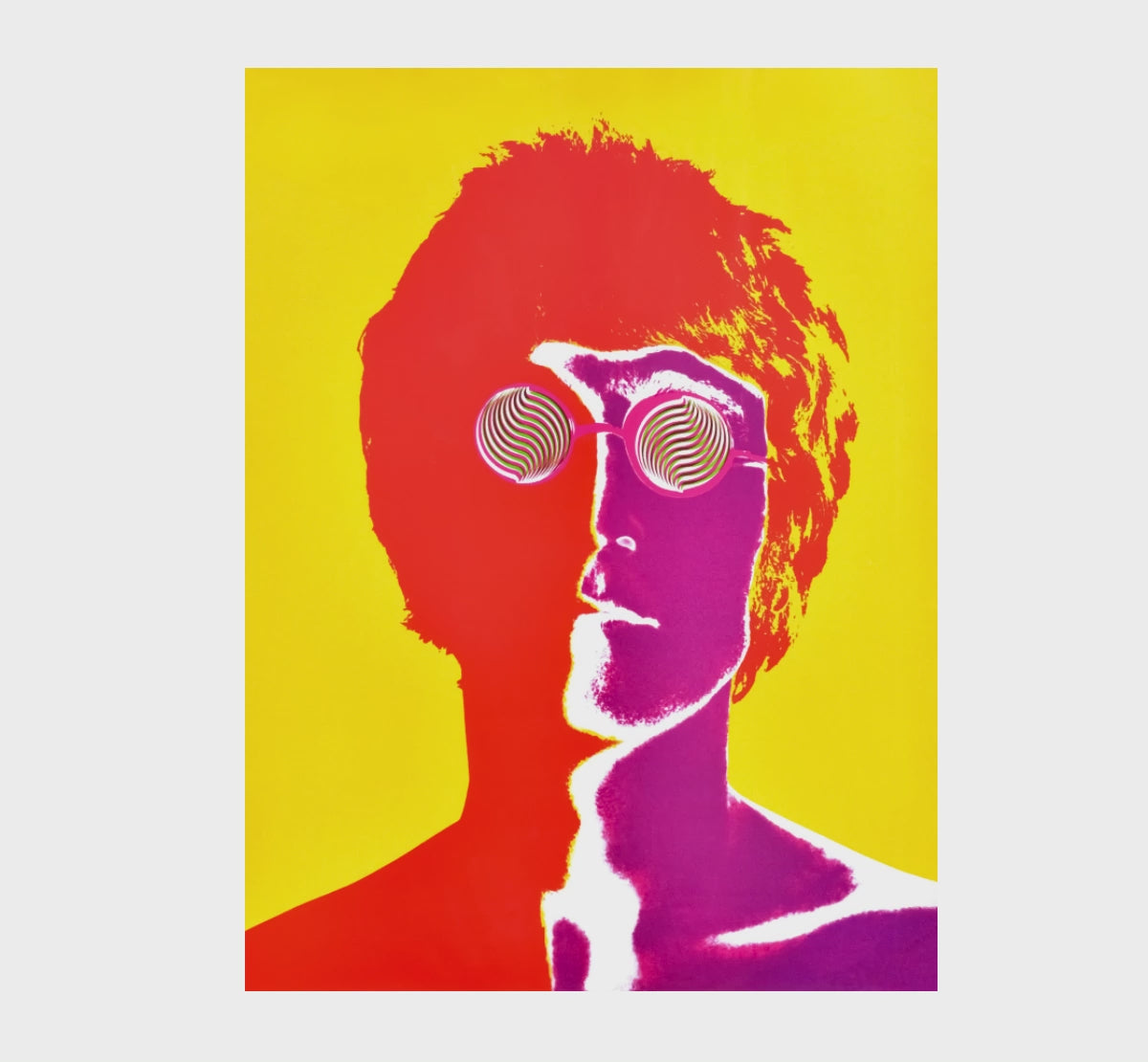ohn Lennon portrait by Richard Avedon shown in full before zooming to a 100% close-up view of the print detail, color and image quality.