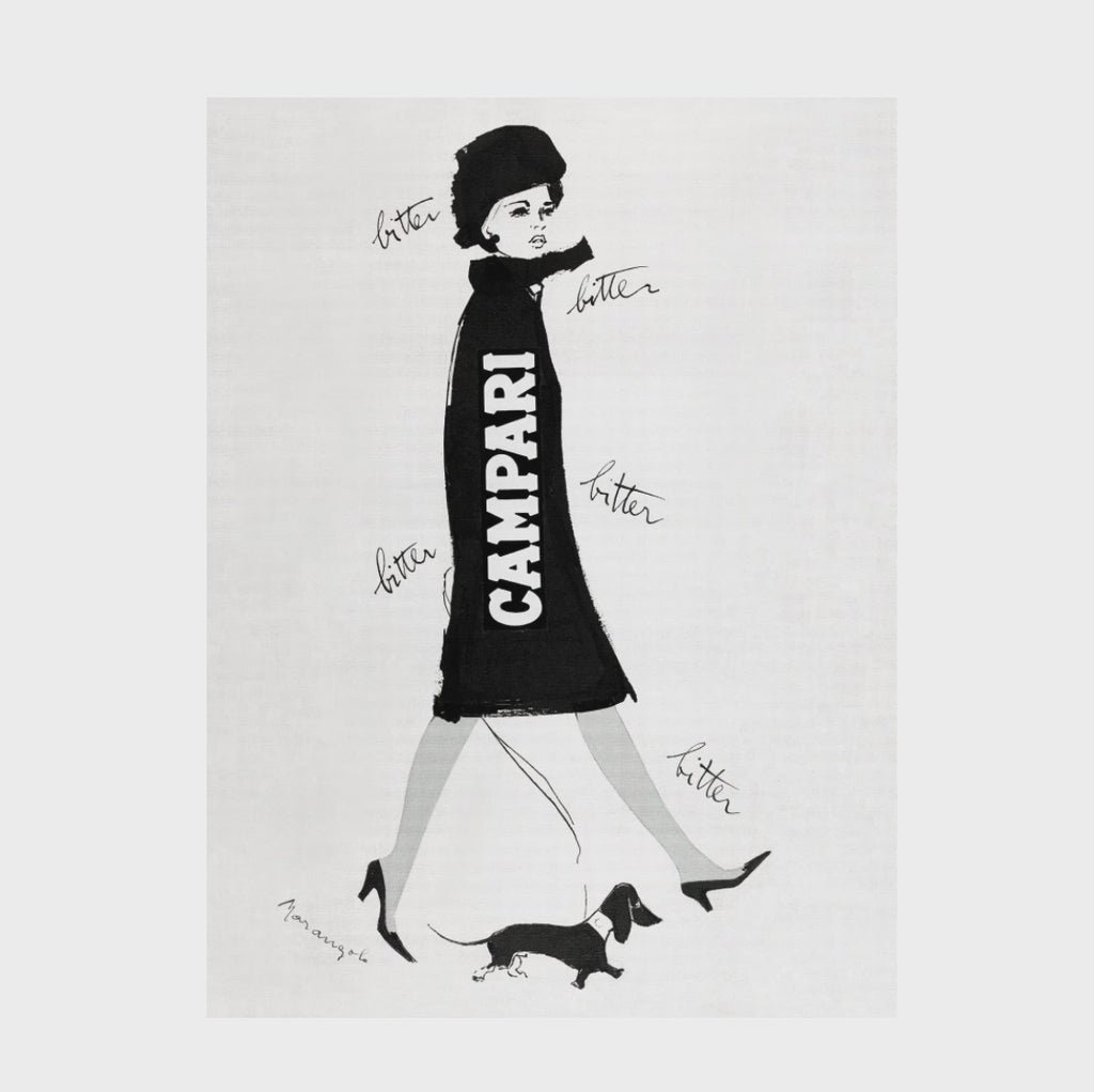 Screen recording of The Campari Woman & Dachshund by Franz Marangolo (1960s), showing the full vintage Campari poster on a white background followed by a 100% close-up to showcase print detail and image quality.