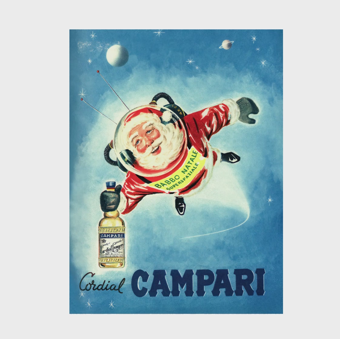 Video preview of the vintage Cordial Campari Space Santa poster, showing the complete artwork before zooming to 100 percent scale to demonstrate restoration detail and print quality.