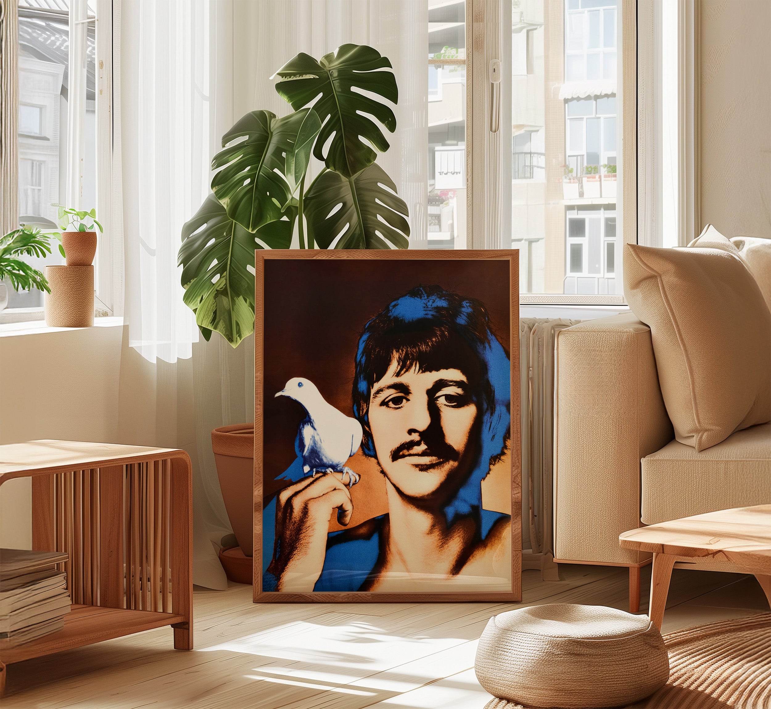 Large Ringo Starr by Richard Avedon print displayed in a bright contemporary living room.