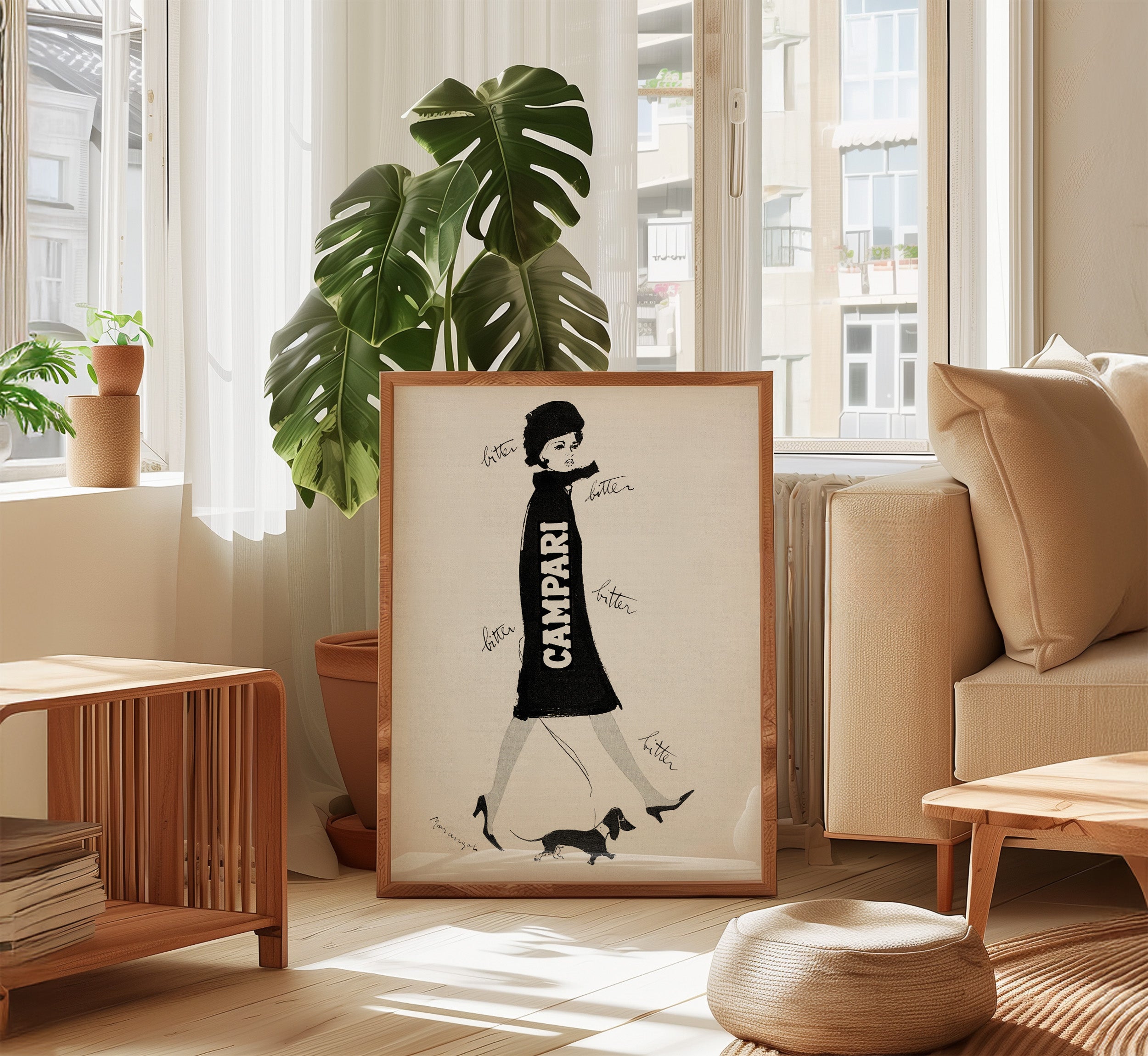 The Campari Woman & Dachshund framed vintage poster displayed in a classic living room