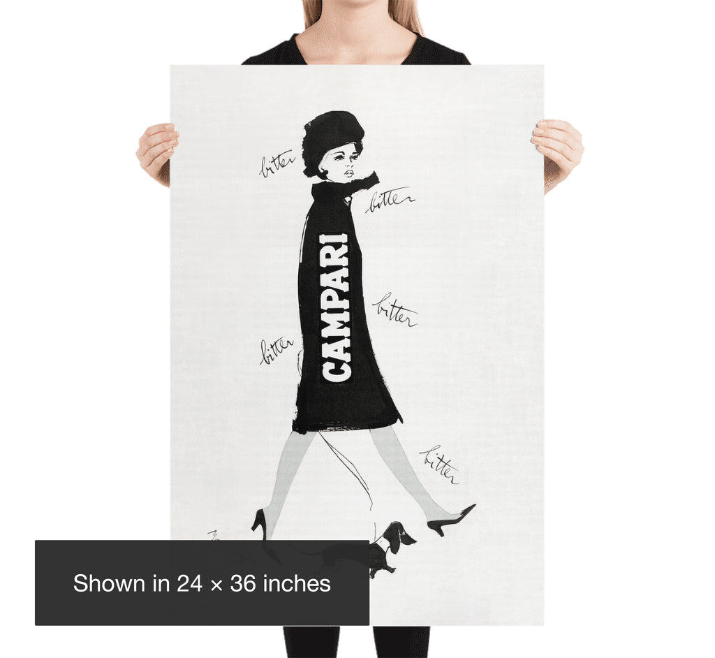 Size reference showing The Campari Woman & Dachshund poster in 24 × 36 inches