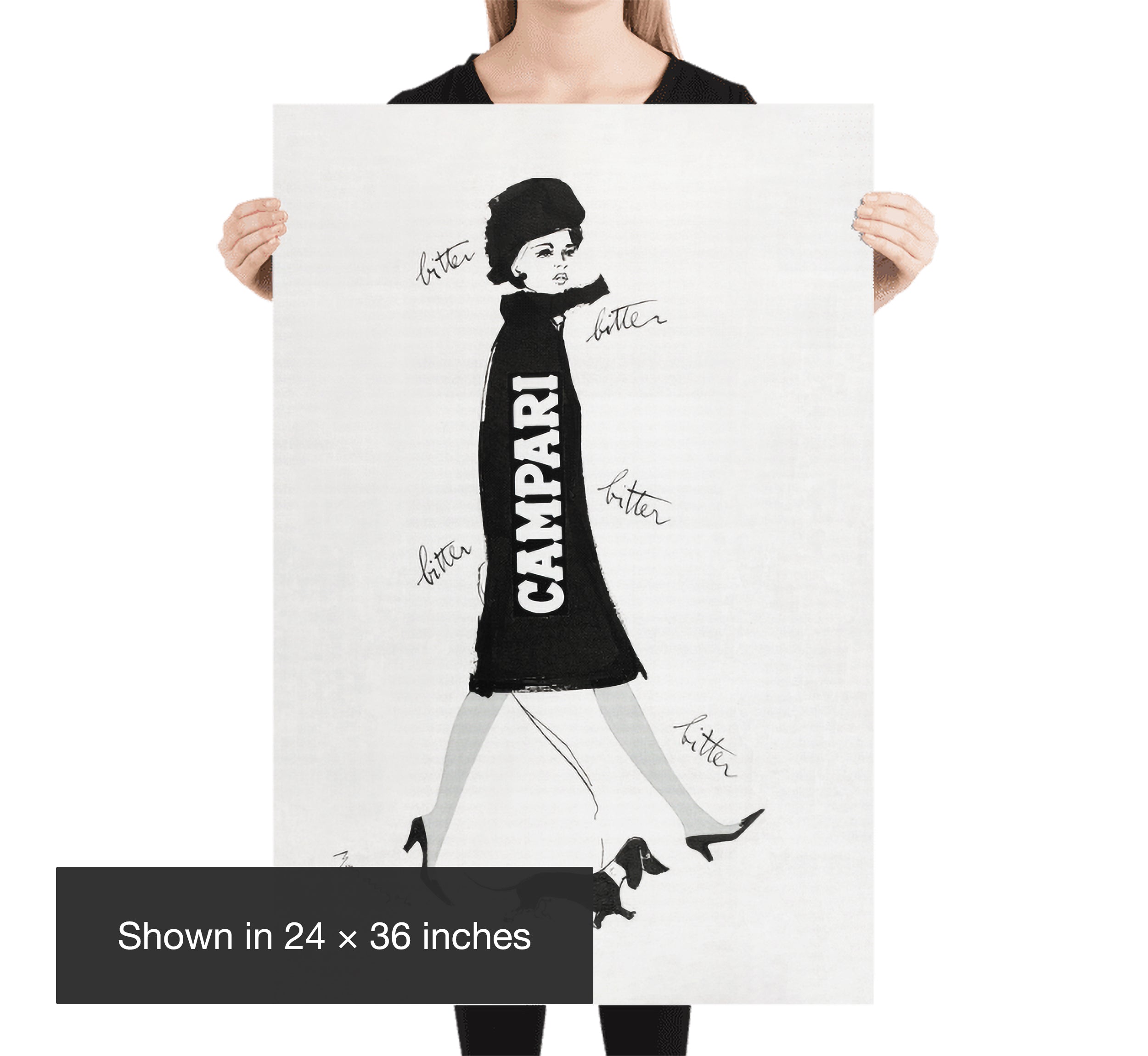 Size reference showing The Campari Woman & Dachshund poster in 24 × 36 inches