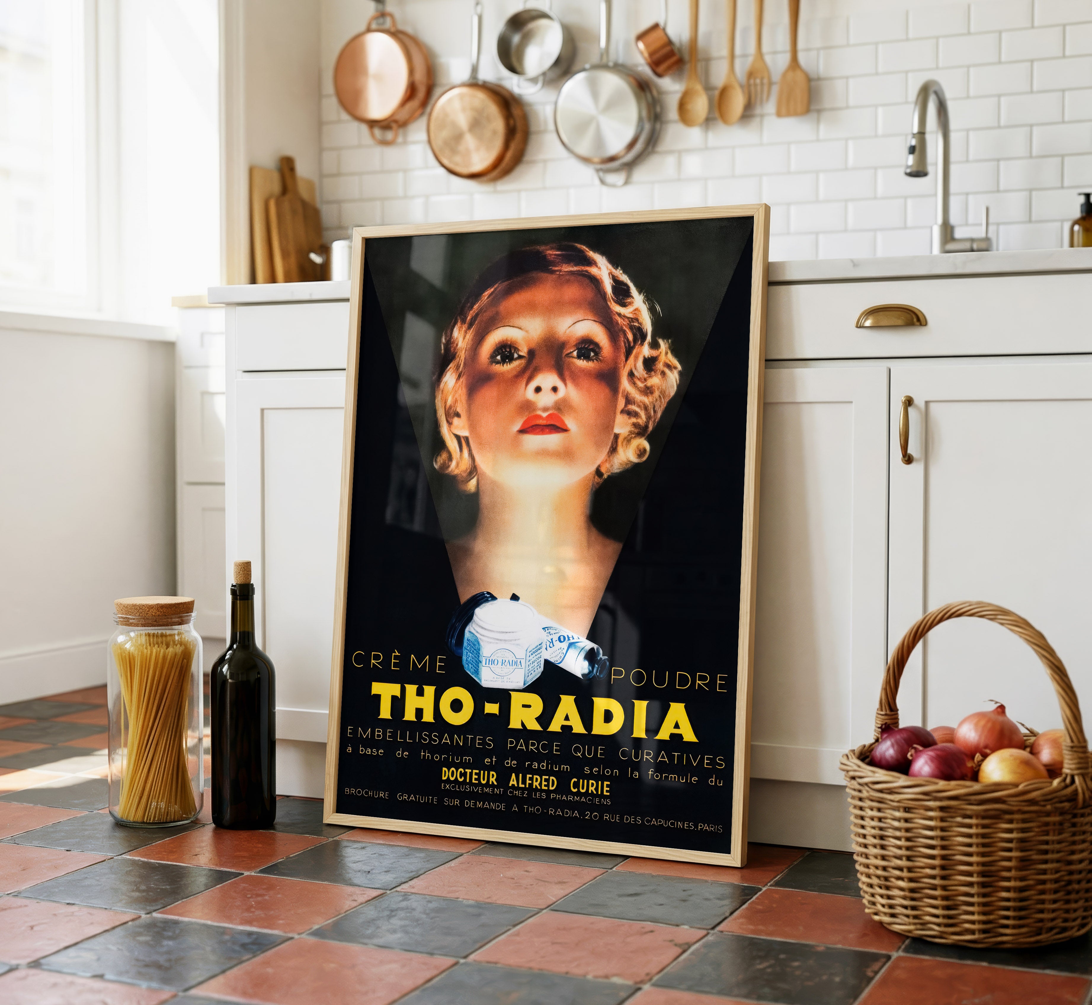 Framed Tho-Radia vintage French beauty advertising poster displayed in a bright kitchen interior.