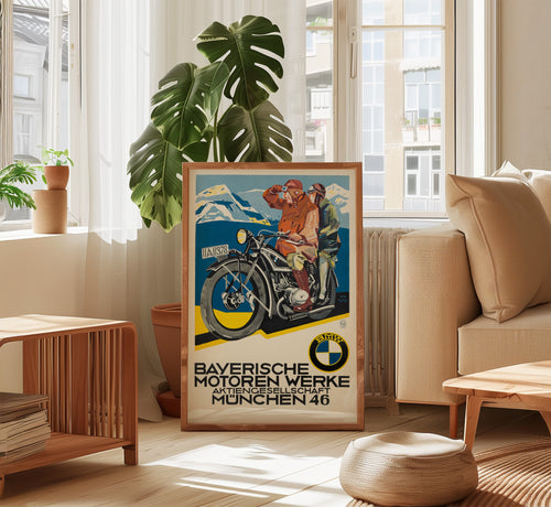 Vintage BMW motorcycle poster from circa 1927 displayed as large framed wall art in a bright modern interior.