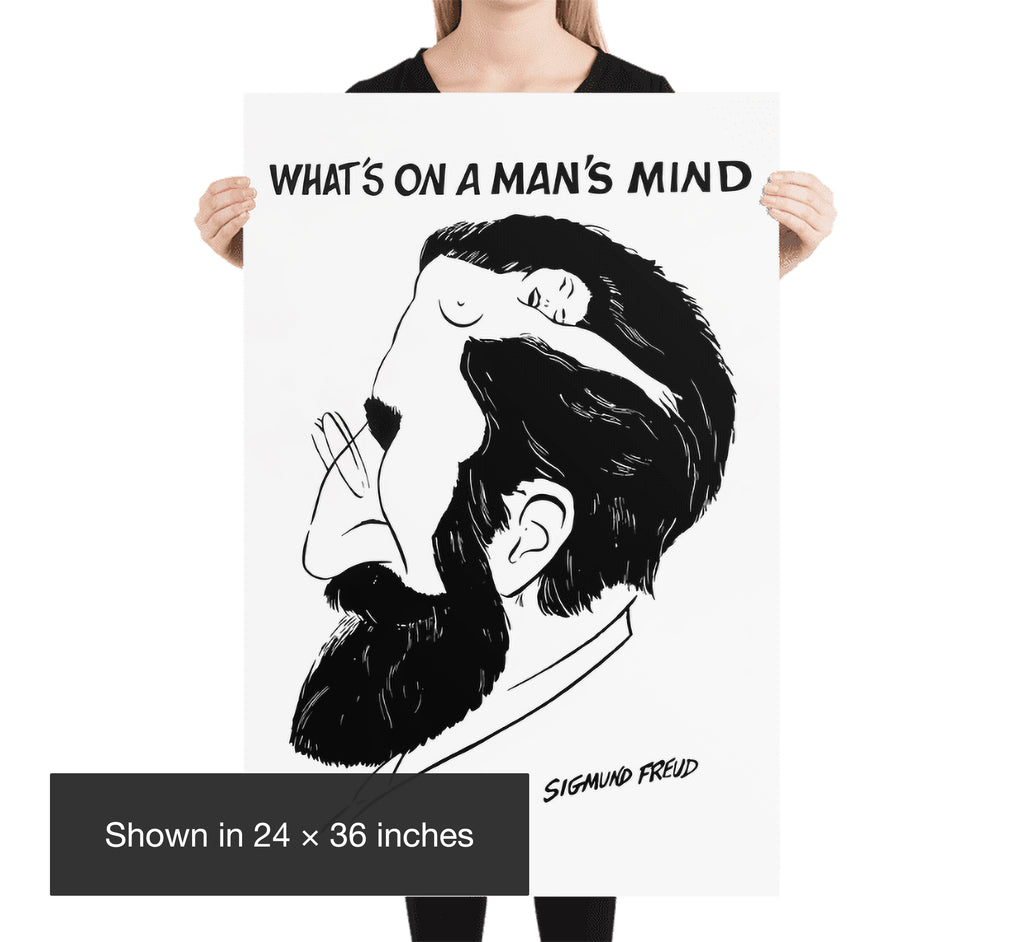 Woman holding a 24 × 36 inch What’s on a Man’s Mind Freud poster, providing a clear scale reference for the large black-and-white art print.