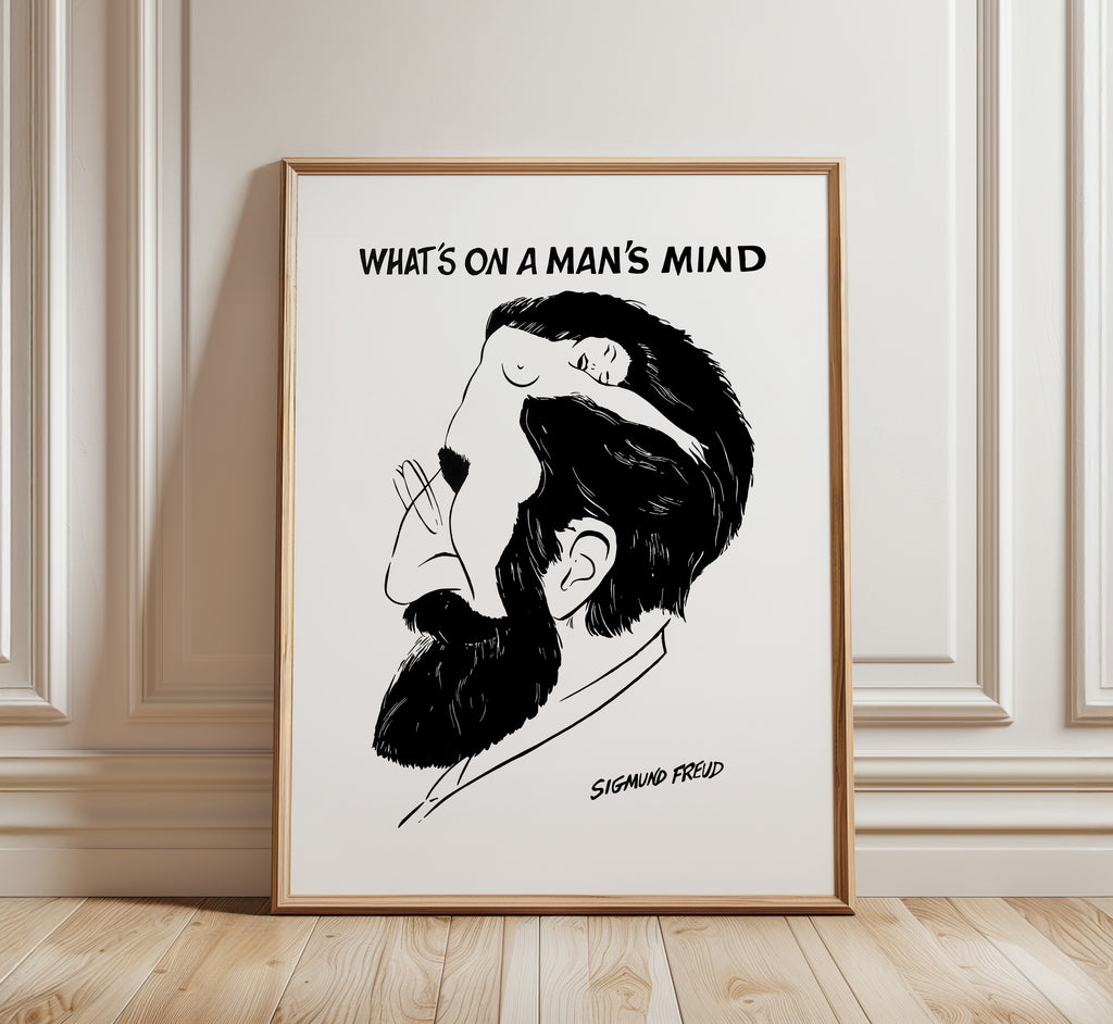 What’s on a Man’s Mind poster featuring a black-and-white optical illusion portrait inspired by Sigmund Freud and psychoanalysis.