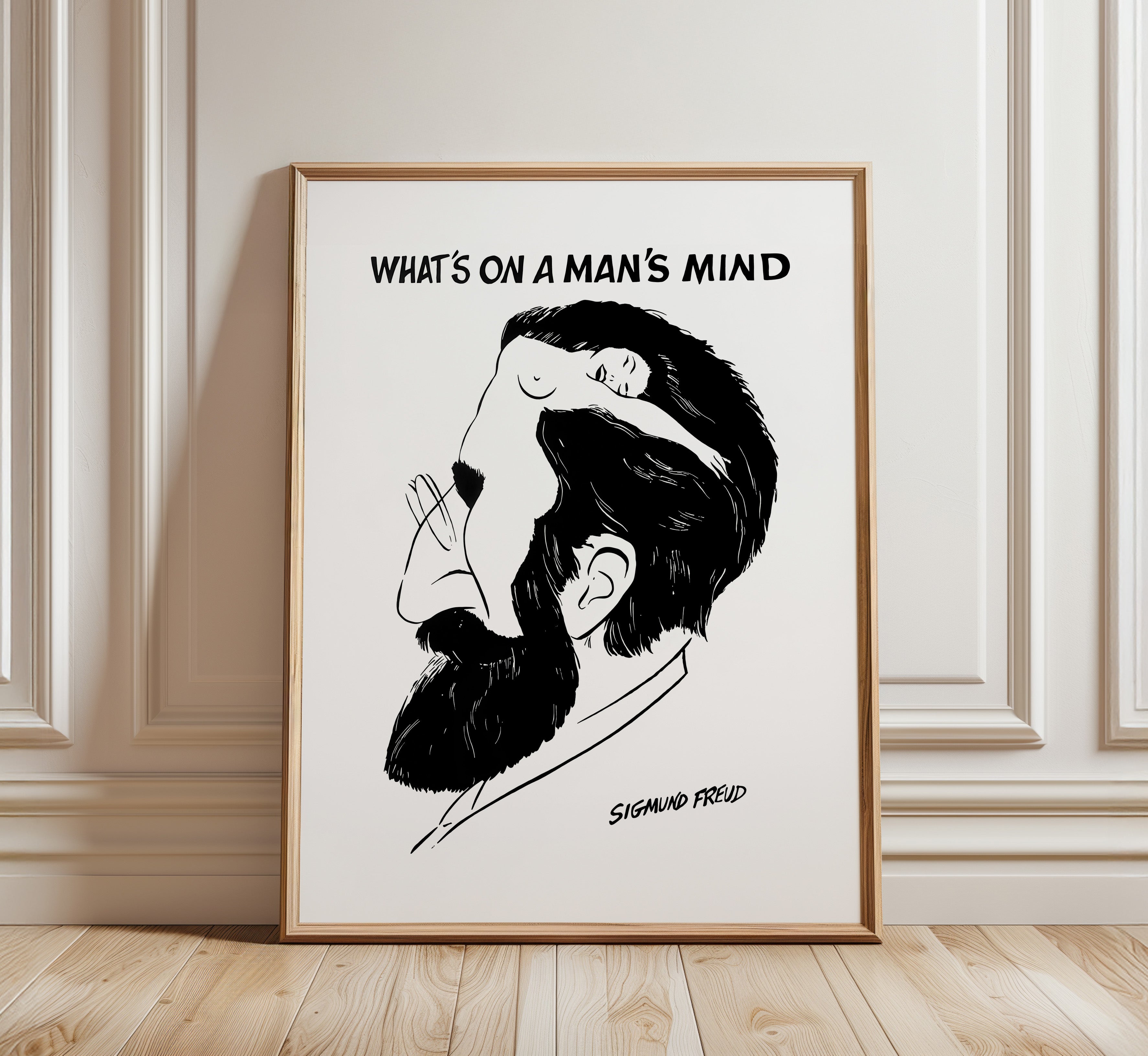 What’s on a Man’s Mind poster featuring a black-and-white optical illusion portrait inspired by Sigmund Freud and psychoanalysis.