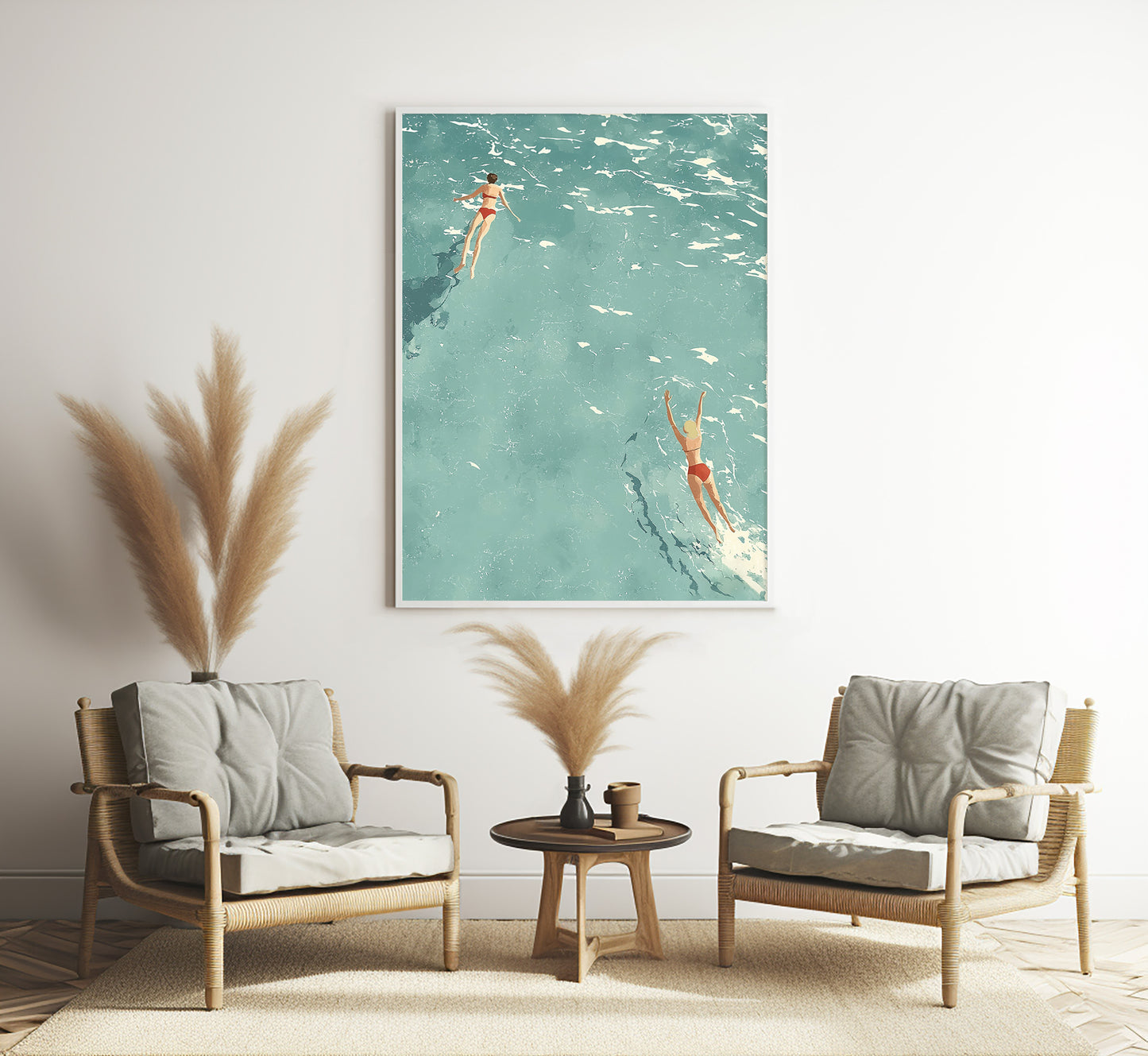Minimalist Ocean Swimmers Print: Retro Beach Wall Art, Mid-Century Modern