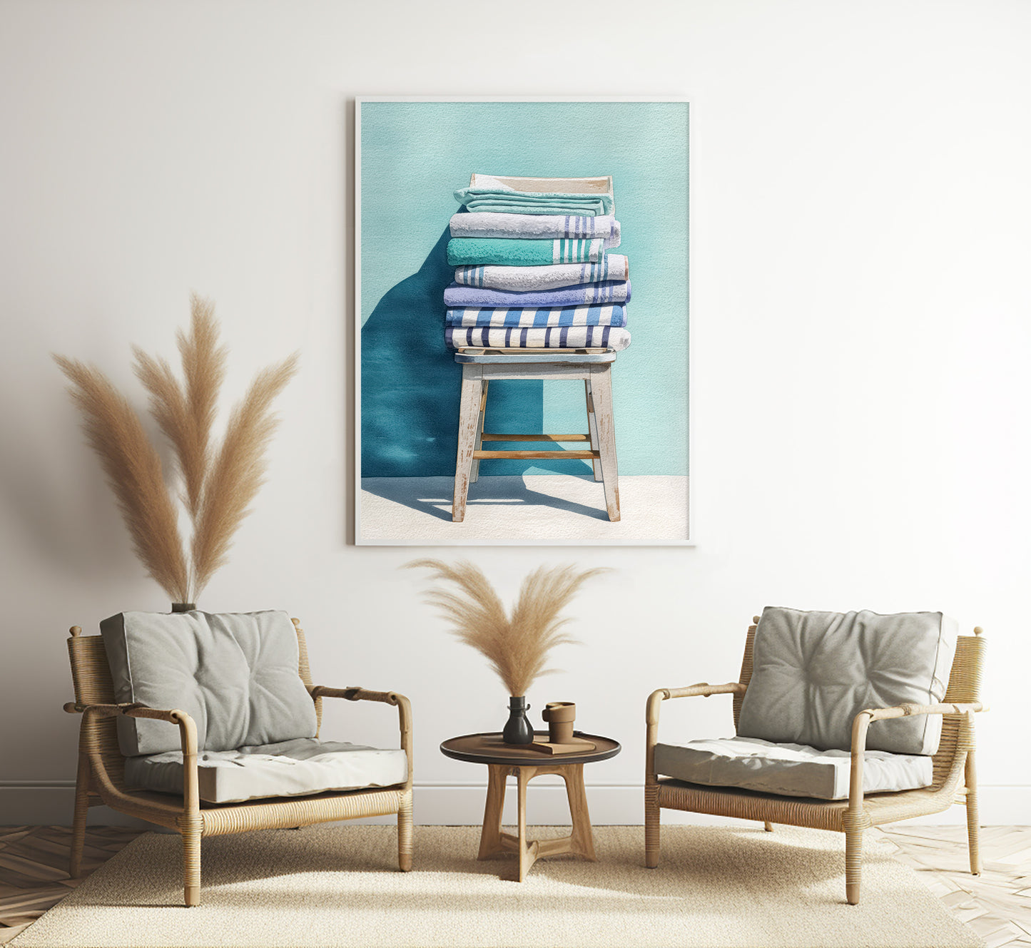 Folded Beach Towels Print: Minimalist Coastal Watercolor Wall Art